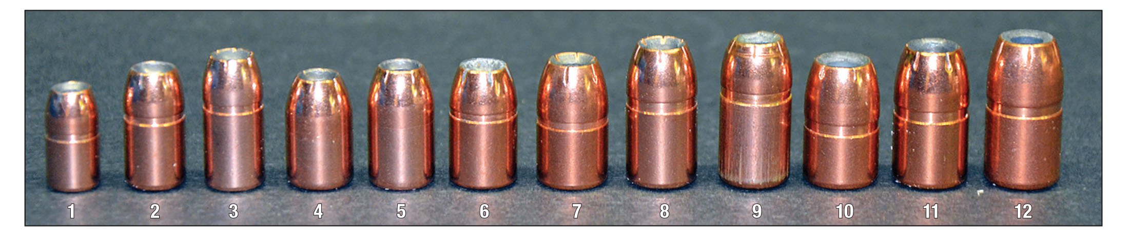 A-Frame Bullets tested include the (1) .312 inch, 100 grains, (2) .357 inch, 158 grains, (3) .357 inch, 180 grains, (4) 10mm, 180 grains, (5) 10mm, 200 grains, (6) .410 inch, 210 grains, (7) .429 inch, 240 grains, (8) .429 inch, 280 grains, (9) .429 inch, 300 grains, (10) .452 inch, 265 grains, (11) .452 inch, 300 grains and (12) .452 inch, 325 grains.